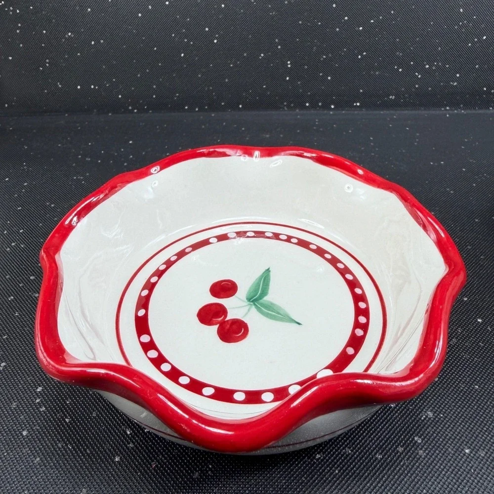 Crate & Barrel Mesa Cherry Pie Dish Bowl Individual Ramekin Set of 2 Red White